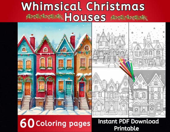 Whimsical Christmas Houses coloring pages, 60 pictures to instantly download, printable, Christmas coloring, whimsical house coloring,