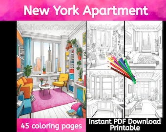 New York Apartment Interior coloring pages, 45 images, instant pdf download, city coloring, interior coloring, house coloring, room coloring