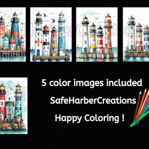 May include: Five printable coloring pages featuring colorful lighthouses with red, blue, white, and yellow stripes. Each lighthouse has a small house next to it. The lighthouses are on a small island with a pier and water. The text "SafeHarborCreations" and "Happy Coloring!" is at the bottom of the image.