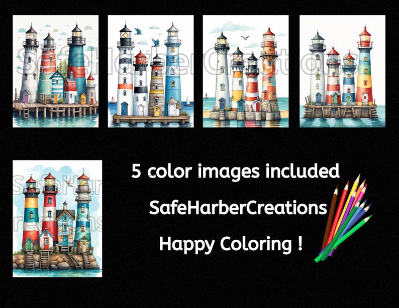 May include: Five printable coloring pages featuring colorful lighthouses with red, blue, white, and yellow stripes. Each lighthouse has a small house next to it. The lighthouses are on a small island with a pier and water. The text "SafeHarborCreations" and "Happy Coloring!" is at the bottom of the image.
