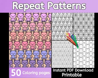 Repeating Patterns coloring, 50 pages to instantly download and print, pattern coloring, calm coloring, mindful coloring, cute pattern