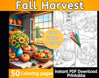 Fall Harvest coloring pages, 60 pictures, instant download, printable, fall coloring, pumpkin coloring, harvest coloring, Thanksgiving
