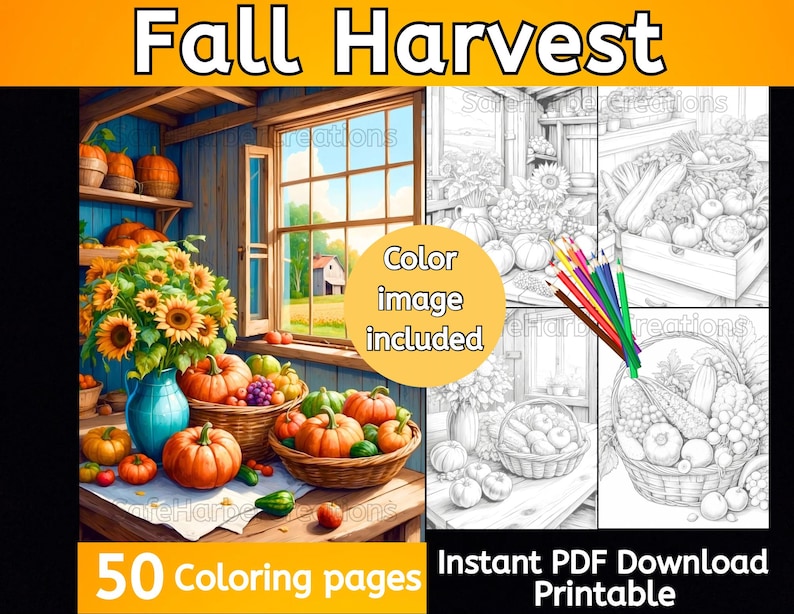 Fall Harvest coloring pages, 60 pictures, instant download, printable, fall coloring, pumpkin coloring, harvest coloring, Thanksgiving image 1