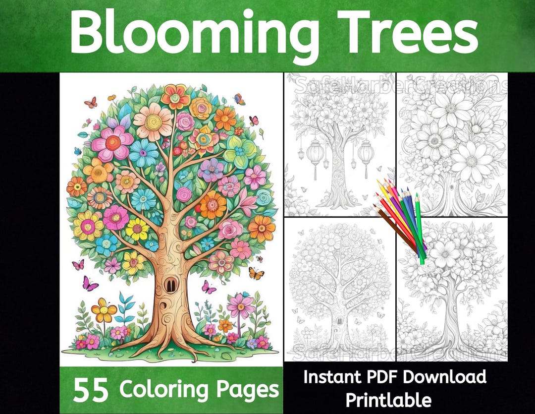 Blooming Flower Trees Coloring Pages, 45 Images, Instant Download ...