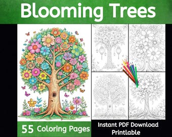 Blooming Flower Trees coloring pages, 45 images, instant download, garden coloring, flower coloring, tree coloring, whimsical coloring