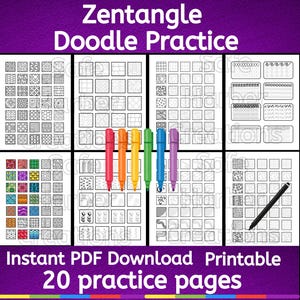 Peut inclure: Un ensemble de 20 pages imprimables pour s'entraîner aux motifs de gribouillis Zentangle. Les pages présentent une variété de motifs géométriques et abstraits, parfaits pour les débutants ou ceux qui cherchent à améliorer leurs compétences. Les pages sont en noir et blanc et prêtes à être colorées.
