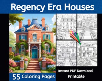 Regency Era Houses coloring pages , 55 coloring images. Instant download, printable, house coloring, adult coloring, Victorian coloring