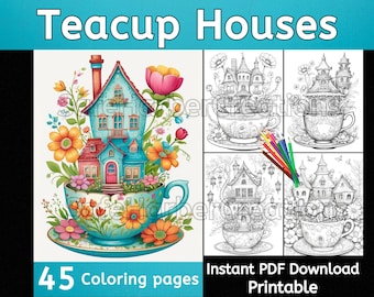 Teacup House coloring pages, instant download, printable, greats sale, house coloring, flower coloring, whimsical coloring, garden coloring