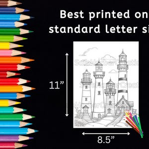 May include: Black and white line art coloring page featuring three lighthouses with a cloudy sky. The page is 8.5 inches wide and 11 inches tall.  Best printed on standard letter size paper.