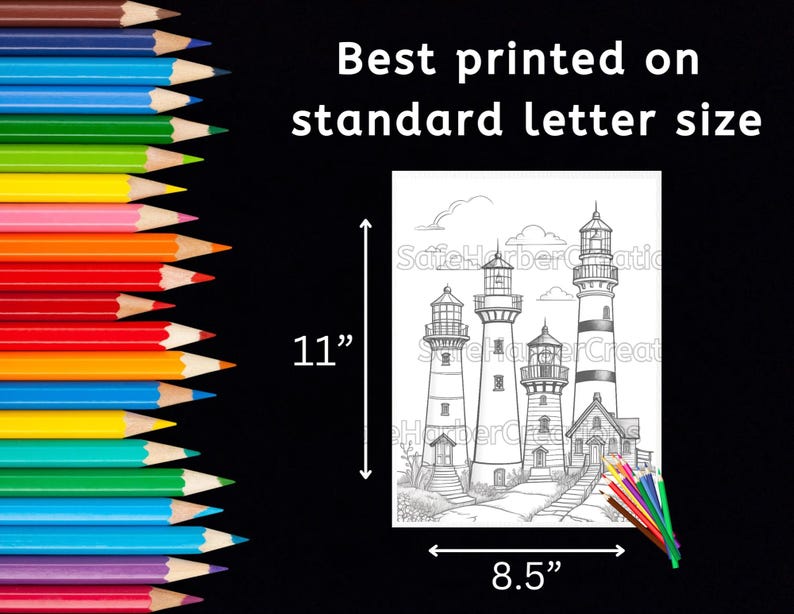 May include: Black and white line art coloring page featuring three lighthouses with a cloudy sky. The page is 8.5 inches wide and 11 inches tall.  Best printed on standard letter size paper.