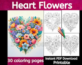 Herz Blumen Malseiten, Ausmalbilder zum Valentinstag, Ausmalbilder Blumen, Malseiten zum Valentinstag, Muttertag, Herzform, graustufen