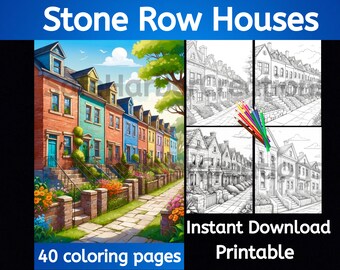 Páginas para colorear de casas adosadas de piedra, 40 páginas, descarga instantánea en PDF, imprimible, casa para colorear, cottagecore, cabaña para colorear, coloración para adultos