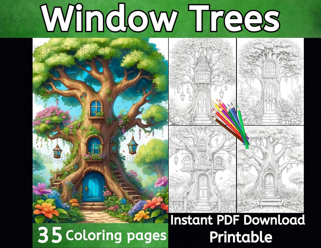Window Tree Coloring Pages, 35 Pictures, Instant Download, Printable ...