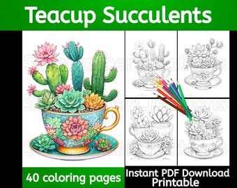 Páginas para colorir suculentas de xícara de chá, colorir cactos, colorir suculentas, colorir plantas, colorir flores, baixar PDF instantâneo