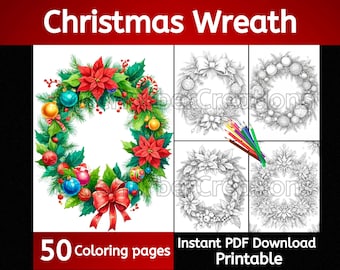 Christmas Wreath coloring pages, instant download, printable, Christmas coloring, holiday coloring, wreath coloring, flower coloring
