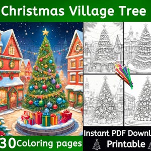 Christmas Village Tree coloring pages, 30 pictures, instant download, printable, Christmas coloring, holiday coloring, village coloring