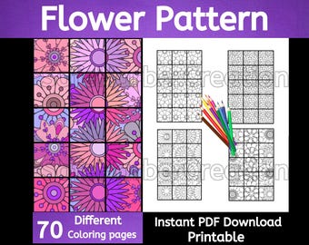 Flower Pattern Coloring pages, 70 different pages to instantly download and print, flower coloring, pattern coloring, geometric coloring