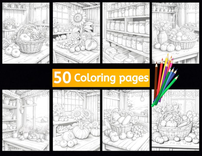 Fall Harvest coloring pages, 60 pictures, instant download, printable, fall coloring, pumpkin coloring, harvest coloring, Thanksgiving image 2