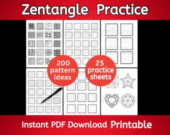 May include: Black and white printable Zentangle practice sheets with 200 pattern ideas and 25 practice sheets.  The image shows a variety of geometric patterns and shapes, including stars, hearts, and diamonds.