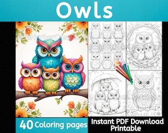 Owl coloring pages, instant download, printable, owl coloring, whimsical coloring, greyscale coloring, bird coloring