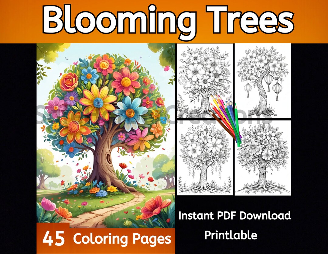 Blooming Flower Trees Coloring Pages, 45 Images, Instant Download ...