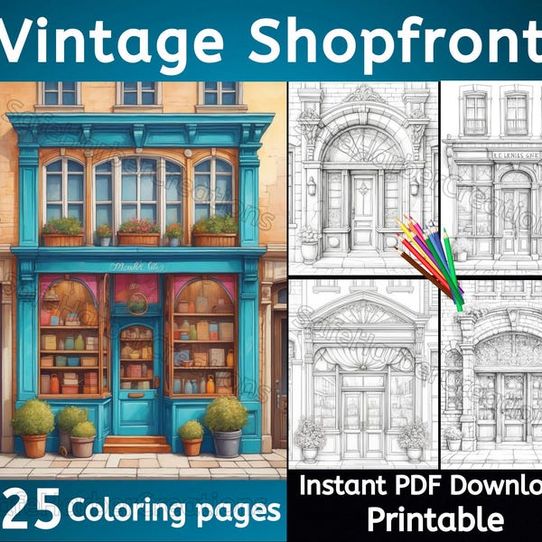 Vintage Shopfront coloring pages, 25 images, instant download, printable, shopfront coloring, vintage coloring, storefront coloring