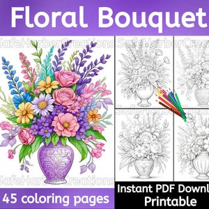Floral Bouquet coloring pages, 45 beautiful pages, instant pdf download, flower coloring, floral,coloring, greyscale coloring