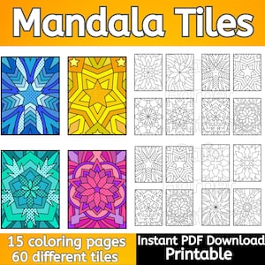 May include: 15 coloring pages with 60 different mandala tile designs.  Each page features a colorful mandala tile and a black and white version for coloring.  Instant PDF download, printable.
