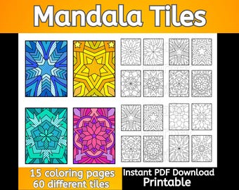 Mandala Tile coloring pages, 15 pages, 60 different tiles, mandala coloring, pattern coloring, geometric coloring, mindfulness coloring