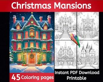 Christmas Mansion coloring pages, 45 pictures, instant download, printable, Christmas coloring, house coloring, holiday coloring, greyscale