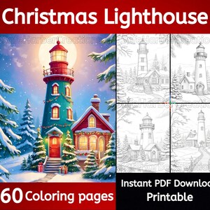 Christmas Lighthouse coloring pages, 60 pictures, instant download, printable, greyscale, lighthouse coloring, Christmas coloring, winter