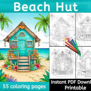 Beach Hut coloring pages, 40 relaxing beach huts, instant download, ocean coloring, beach coloring, anxiety coloring, greyscale coloring