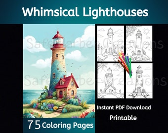 Faros extravagantes, 75 divertidas páginas para colorear, descarga instantánea, imprimibles, faro, océano para colorear, náutico