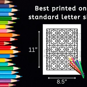 Peut inclure: Une page &agrave; colorier imprimable en noir et blanc avec un motif g&eacute;om&eacute;trique. La page mesure 8,5 pouces de large et 11 pouces de haut. "Best printed on standard letter size" est &eacute;crit en haut de l'image.