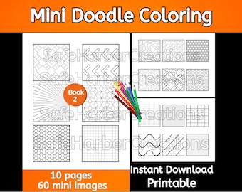 May include: A printable coloring book with the title "Mini Doodle Coloring Book 2". The book contains 10 pages with 60 mini images of geometric patterns and designs.