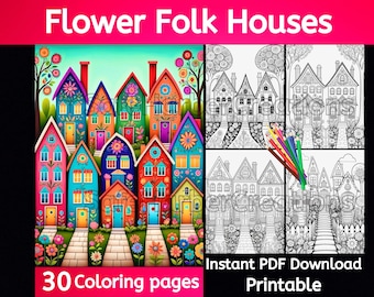 Flower Folk Houses coloring pages, 32 pages, instant download, printable, whimsical coloring, house coloring, cute coloring, folk coloring