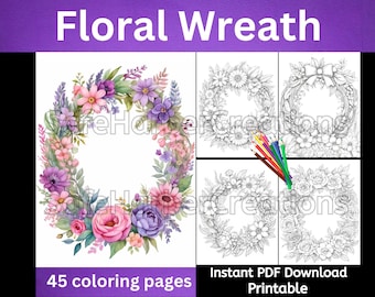 Blumenkranz Malseiten, sofortiger Download, zum Ausdrucken, Blumenkranz, Blumenfärbung, Kranz