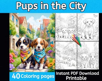 Pups in the City coloring pages, 40 images, instant download, printable, dog coloring, puppy coloring, animal coloring, cute coloring page