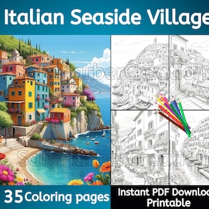 Italian Seaside Village coloring pages, instant download, printable, village coloring, ocean coloring, enchanting coloring, Italian village