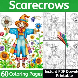 Vogelverschrikker kleurplaten, 60 pagina's, instant download, grillige kleuren, herfstkleuren, herfstkleuren, pompoenkleuren, Halloween