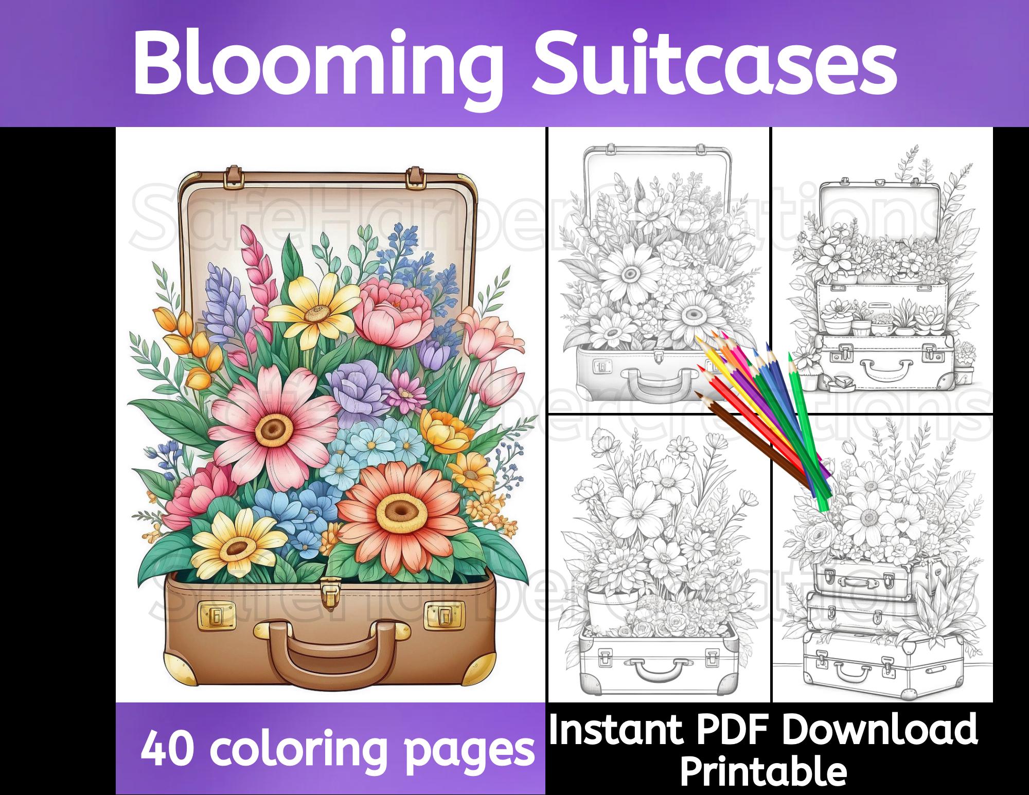 Blooming Suitcase coloring pages, 40 pages, greyscale coloring, flower coloring, travel coloring, floral coloring, fantasy coloring