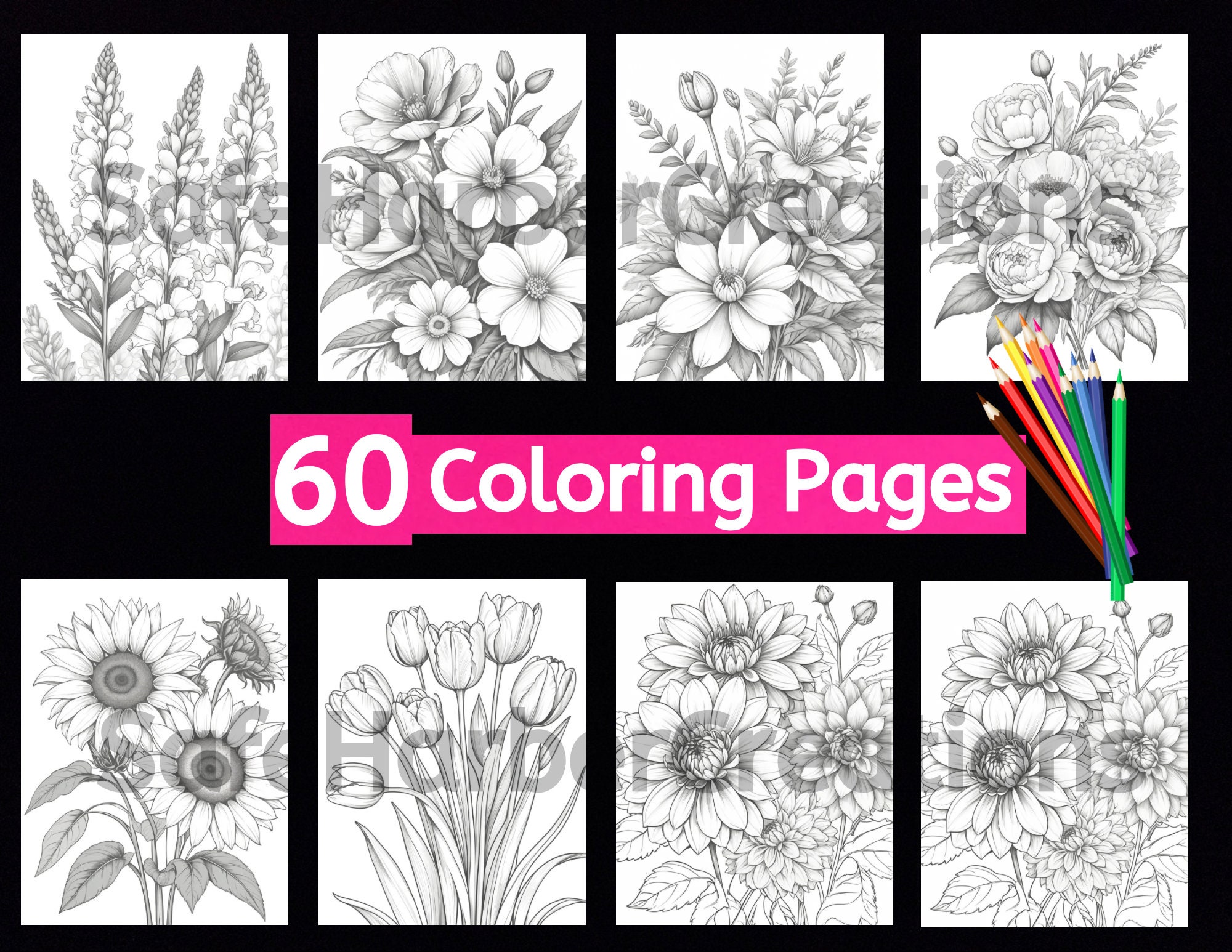 Botanical Flower Coloring Pages, 60 Beautiful Illustrations, Instant ...