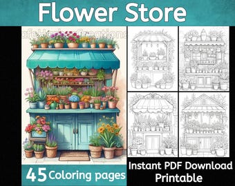 The Flower Store coloring pages, instant download, printable, flower coloring, shopfront coloring, storefront coloring, garden coloring