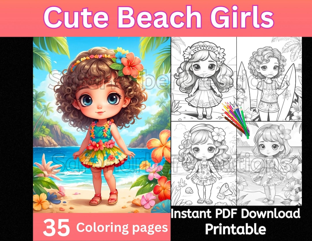 Cute Beach Girls Coloring Pages, Instant Download, Printable, Girl ...
