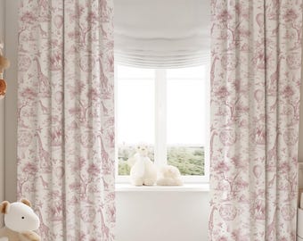 Pink Safari Toile De Jouy Baby Girl Room Curtain Nursery Curtains Window Curtains