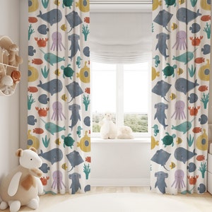 Watercolor Sea Animals Baby Boy Room Curtain Nursery Curtains Window Curtains