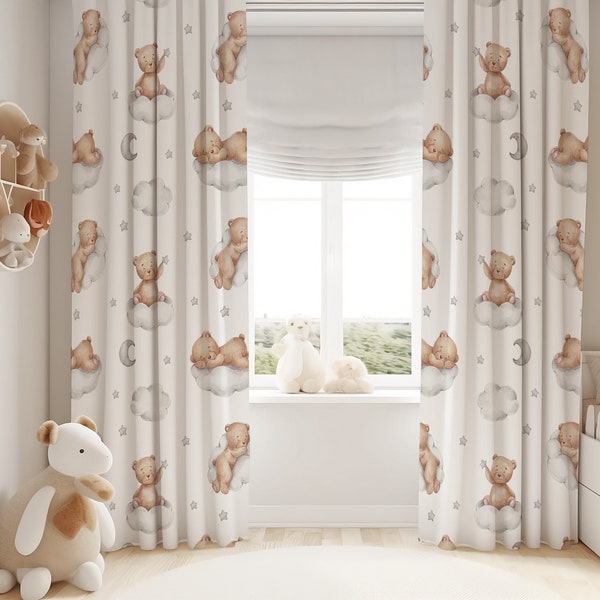 Teddy Bear and Clouds Baby Boy Room Curtain Nursery Curtains Window Curtains