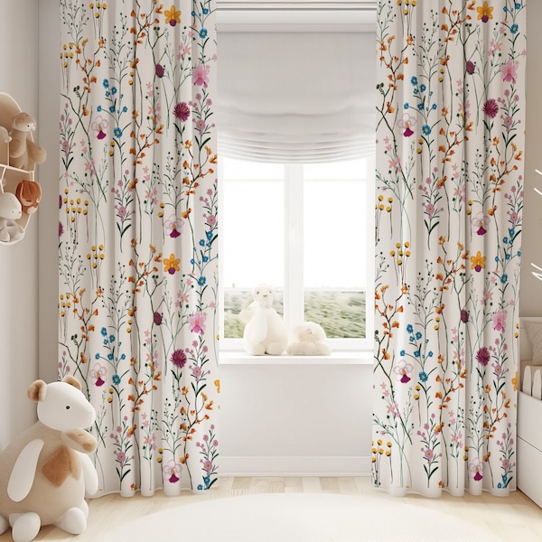 Cortinas para habitación de bebé niña con flores silvestres, cortinas para guardería, cortinas para ventana