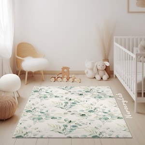 Teppich Grün Blätter, Handgeknüpfter Teppich für Kinder, Kinderzimmer Teppich, Kinderteppich, Waschbar, Rutschfest