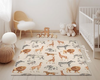 Safari Animals Nursery Rug Soft Washable Non-Slip Kids Play Area